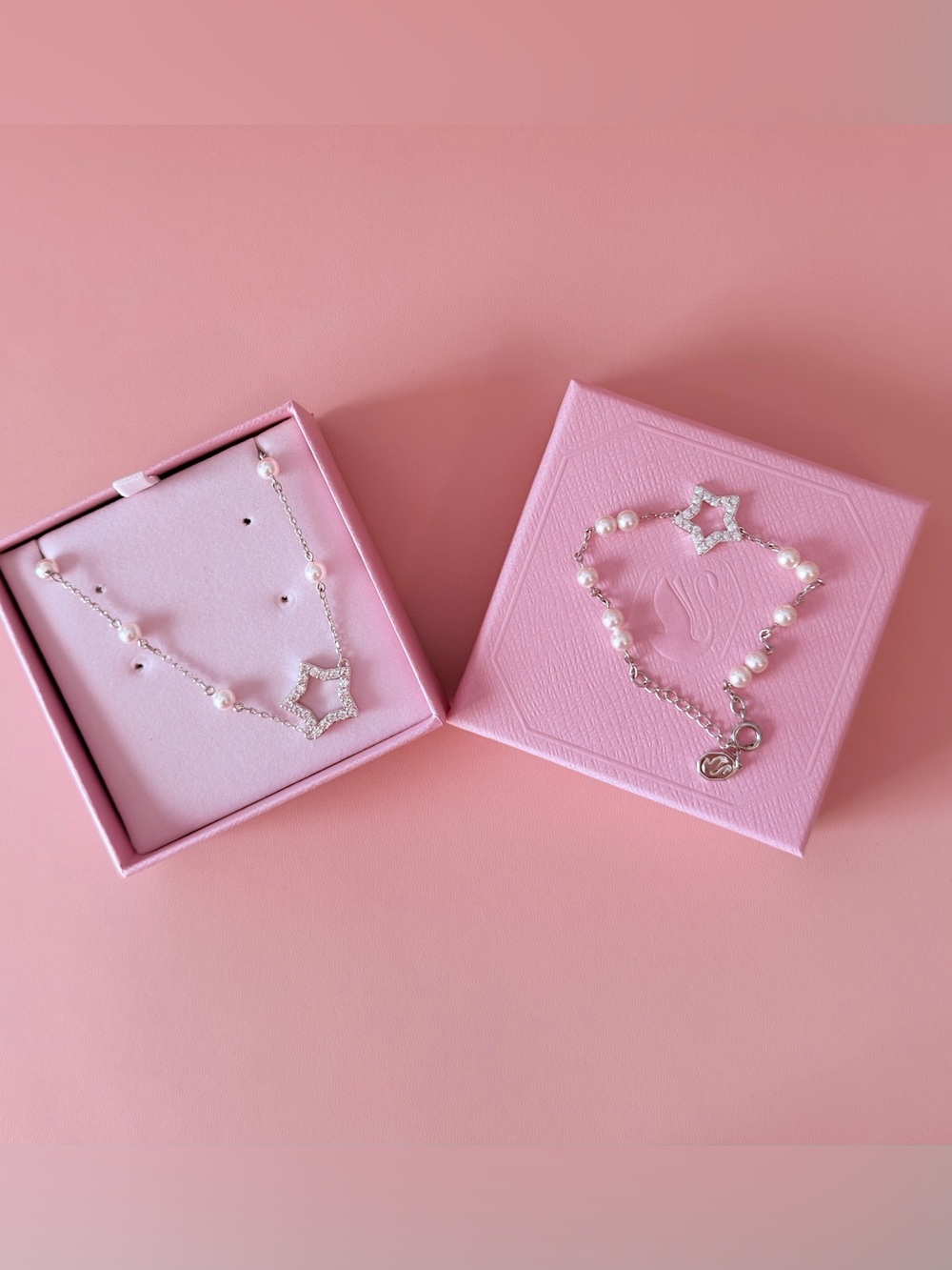 Sterling Silver Pearl Star Bracelet and Necklace